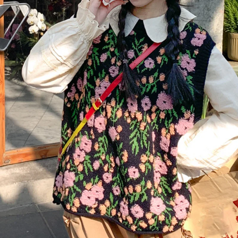 

Корейский вязаный жилет с цветочным узором для женщин, шикарные пуловеры без рукавов разных цветов, женский свободный свитер с круглым вырезом, женский жилет