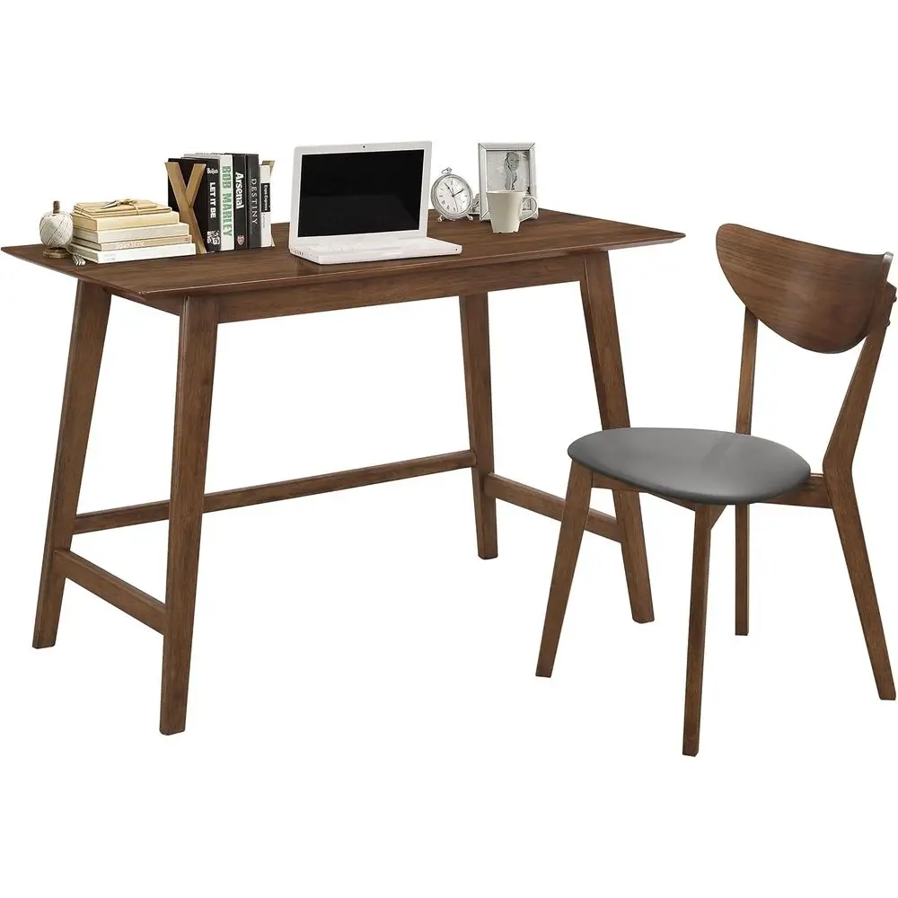 

2-Piece Walnut Wood Office Desk and Chair Set with Rectangular Tabletop and Leatherette Seat