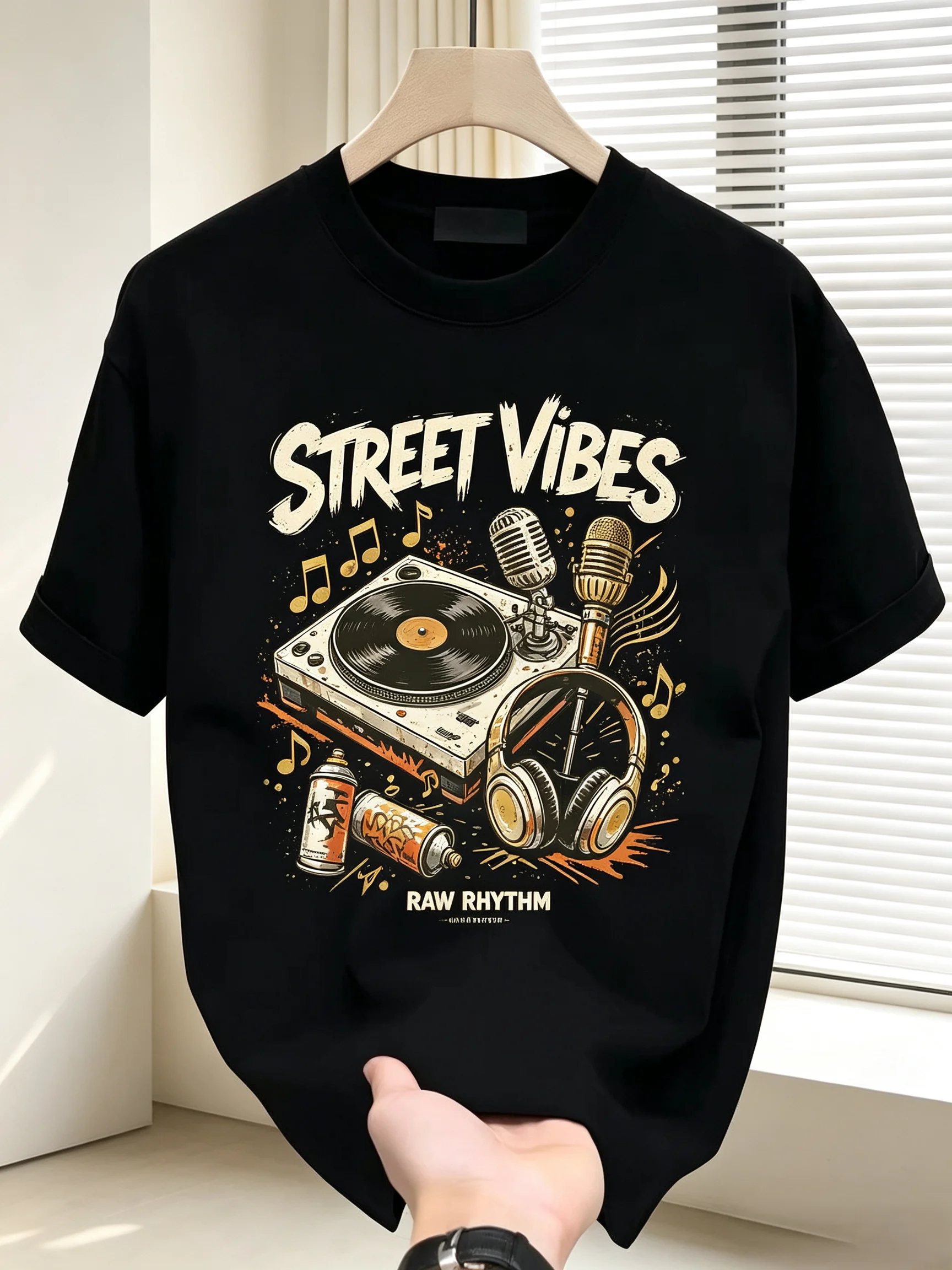 Unisex STREET VIBES DJ Turntable Headphones Graphic T Shirt Men Women Retro Hip Hop Music Short Sleeve Black Tee