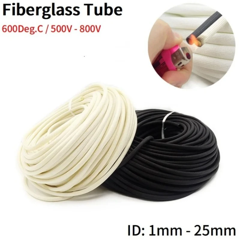 100/200M 600 Deg black/white High Temperature Braided Soft Chemical Fiber Tubing  Cable Sleeving Fiberglass Tube 1-30mm Diameter