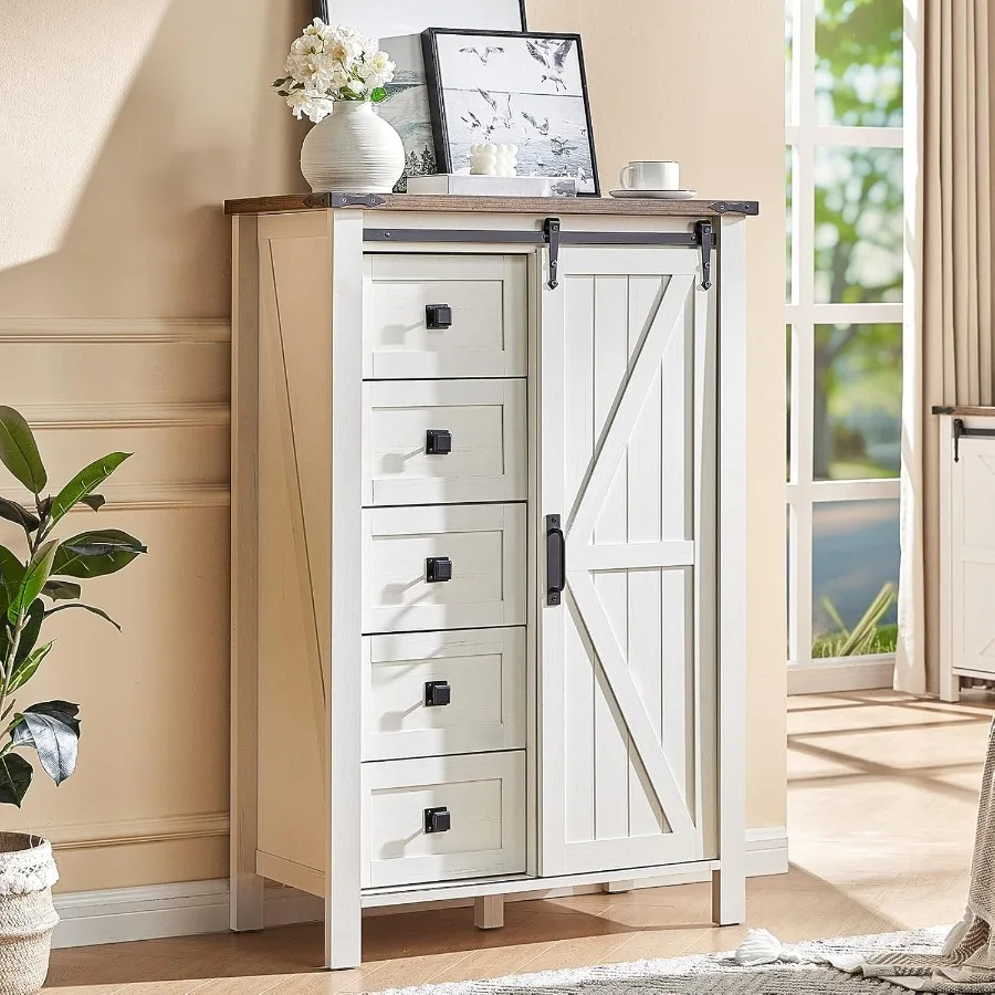 Farmhouse 5 Drawer Dresser with Sliding Barn Doors 48 Rustic Tall Dresser 31.5'' Storage Organizer for Bedroom Entryway Distres