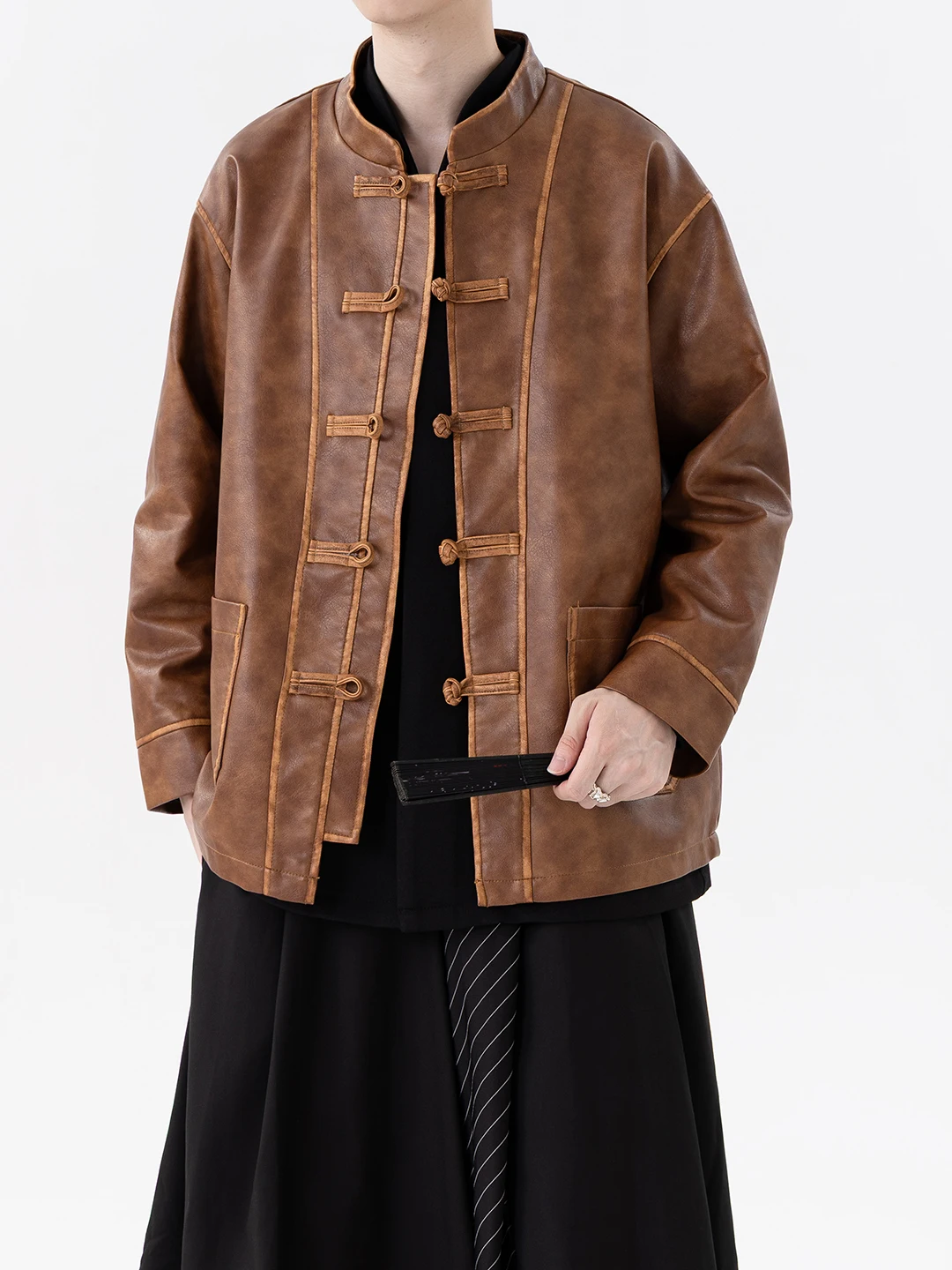 

Мужская куртка из искусственной кожи в стиле ретро с воротником-стойкой на пуговицах, костюм Тан, мужская куртка, модная повседневная верхняя одежда