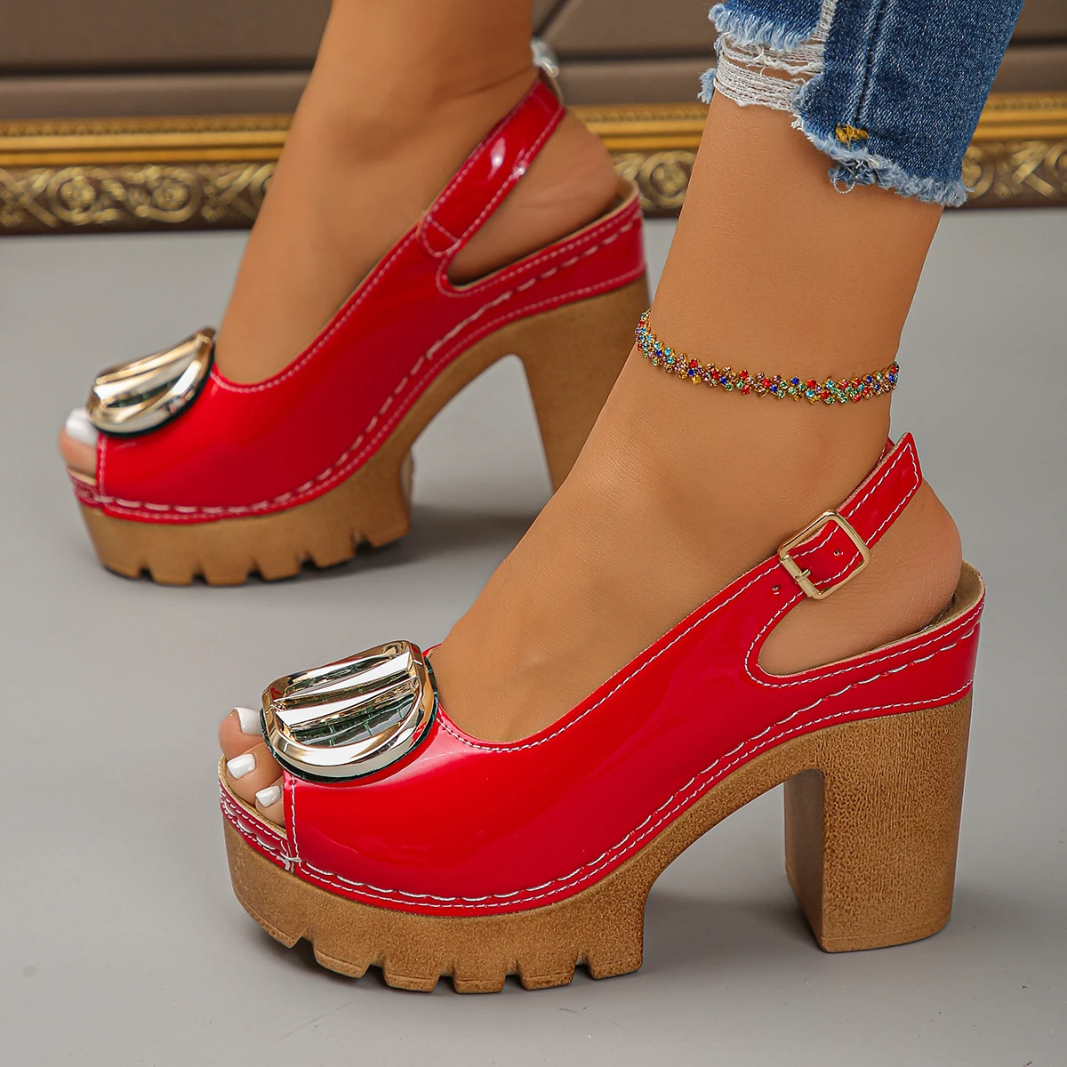 New Women Sandals Summer Plus Size Round Toe Open Toe Shoes Buckle Soft Sole Fish Mouth High Heels Sandals Sandalias De Mujer image 6