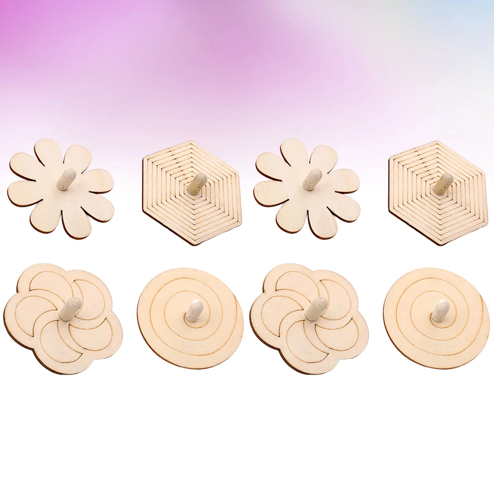 8pcs Unfinished Wooden Tops Toy Diy Painting Gyroscope Plaything Hand Peg-top Gifts Props For Kids Children (Flower, Hexagonal,