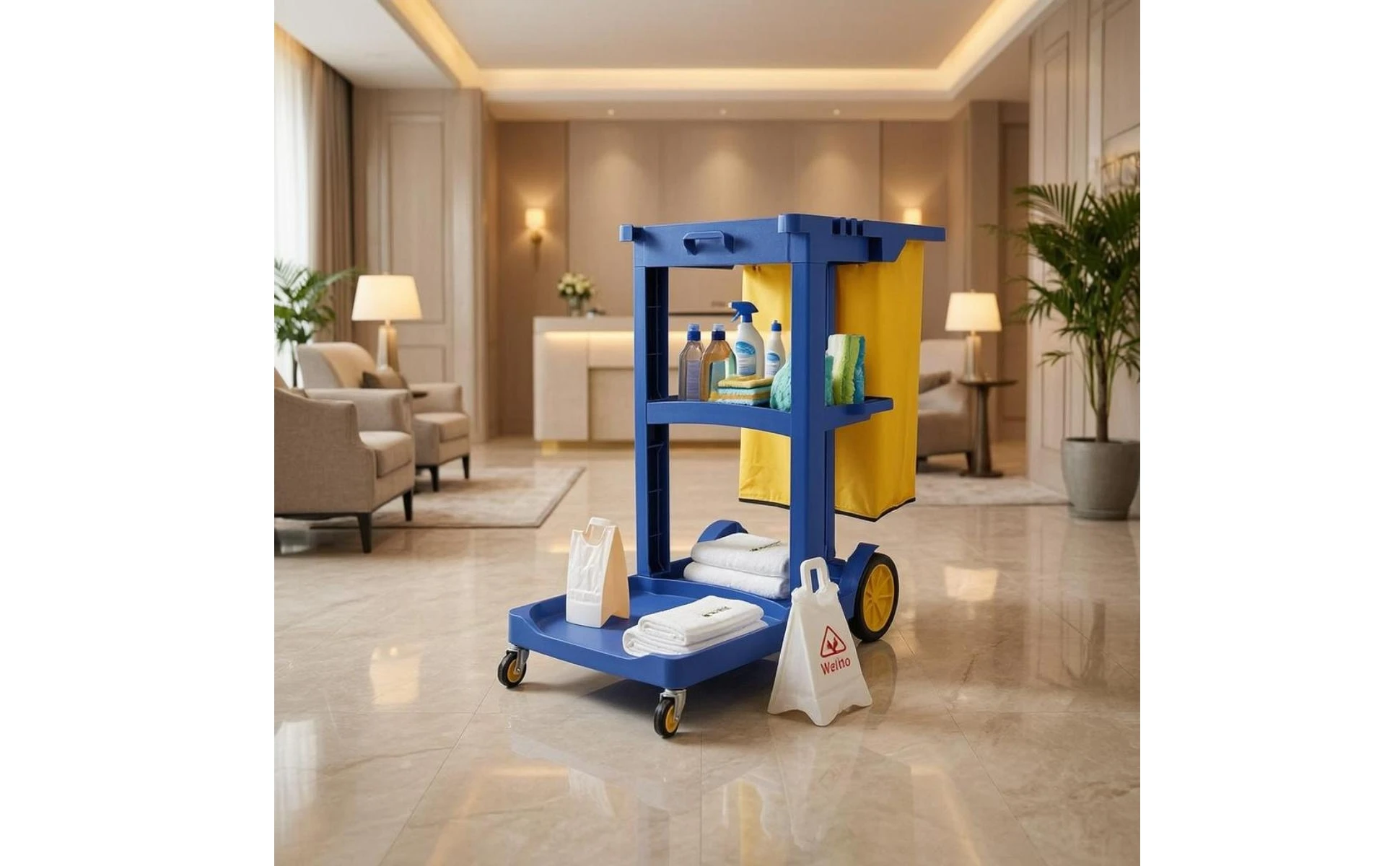 Rolling Cleaning Trolley Textile Storage Bag Cleaning Trolley Household Organizer Raised Shelf Lower Tray