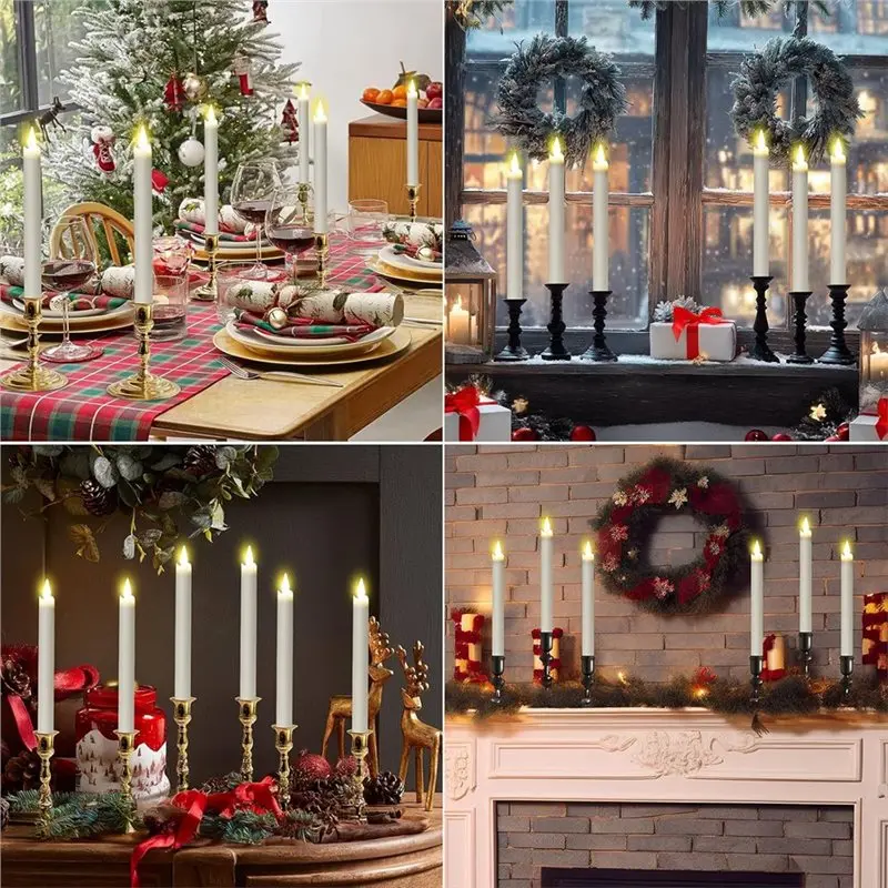 【CHRISTMAS 】Charging Station Included Rechargeable Flameless Taper Candles 6 Pcs LED Flickering Candles With Remote Timer