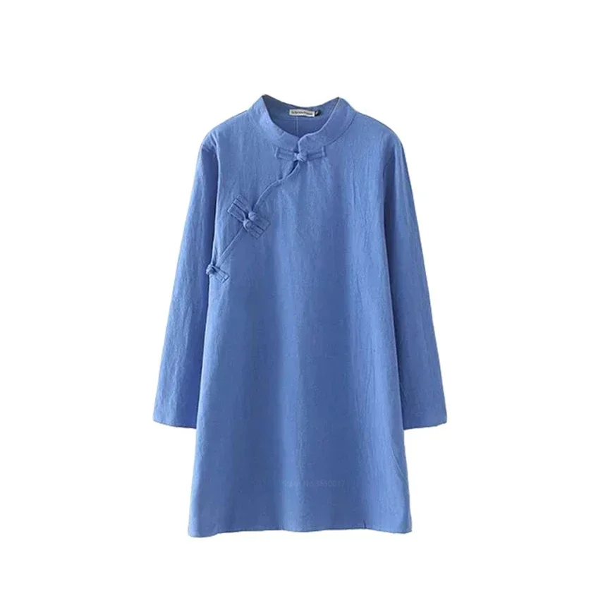 Chinese Style Retro Women Hanfu Shirts Blouse Cotton Linen Plus Size Loose Casual Dress Vintage Button Long Sleeve Top Tang Suit