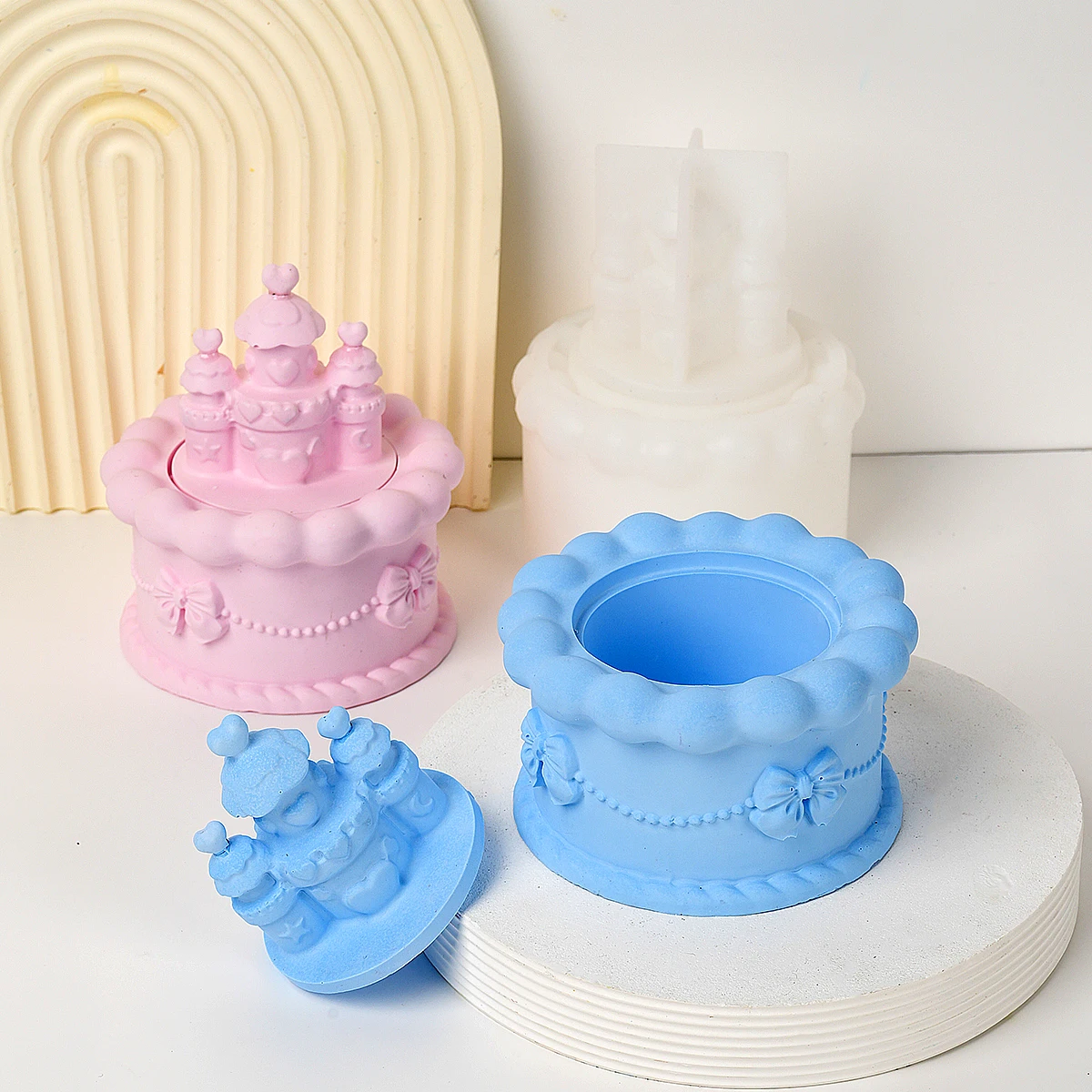 New Castle Jewelry Storage Jar Silicone Mold DIY Cake Shape with Lid Box Scented Candle Jar Mould Plaster Craft Gift Making Tool