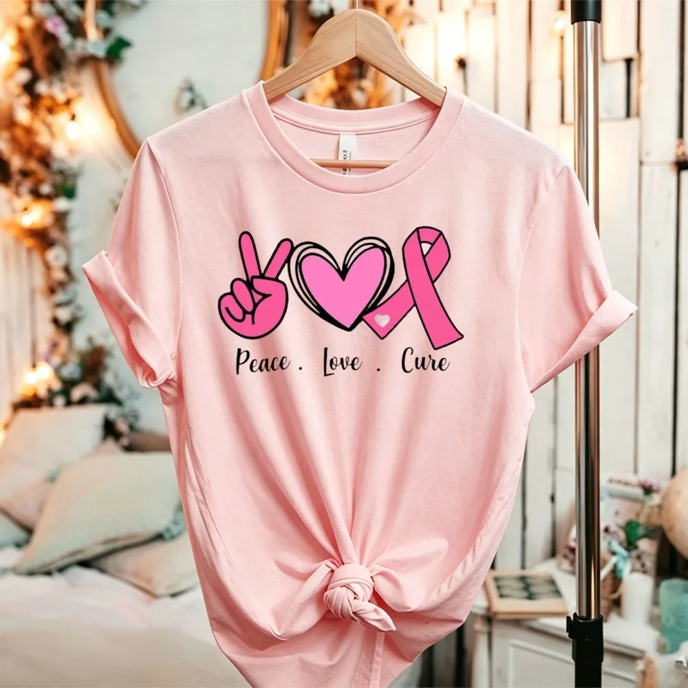 Peace Love Cure Pink Ribbon Women T-Shirt Breast Cancer Awareness Heart Peace Sign Survivor Casual Short Sleeve Crew Neck Tee