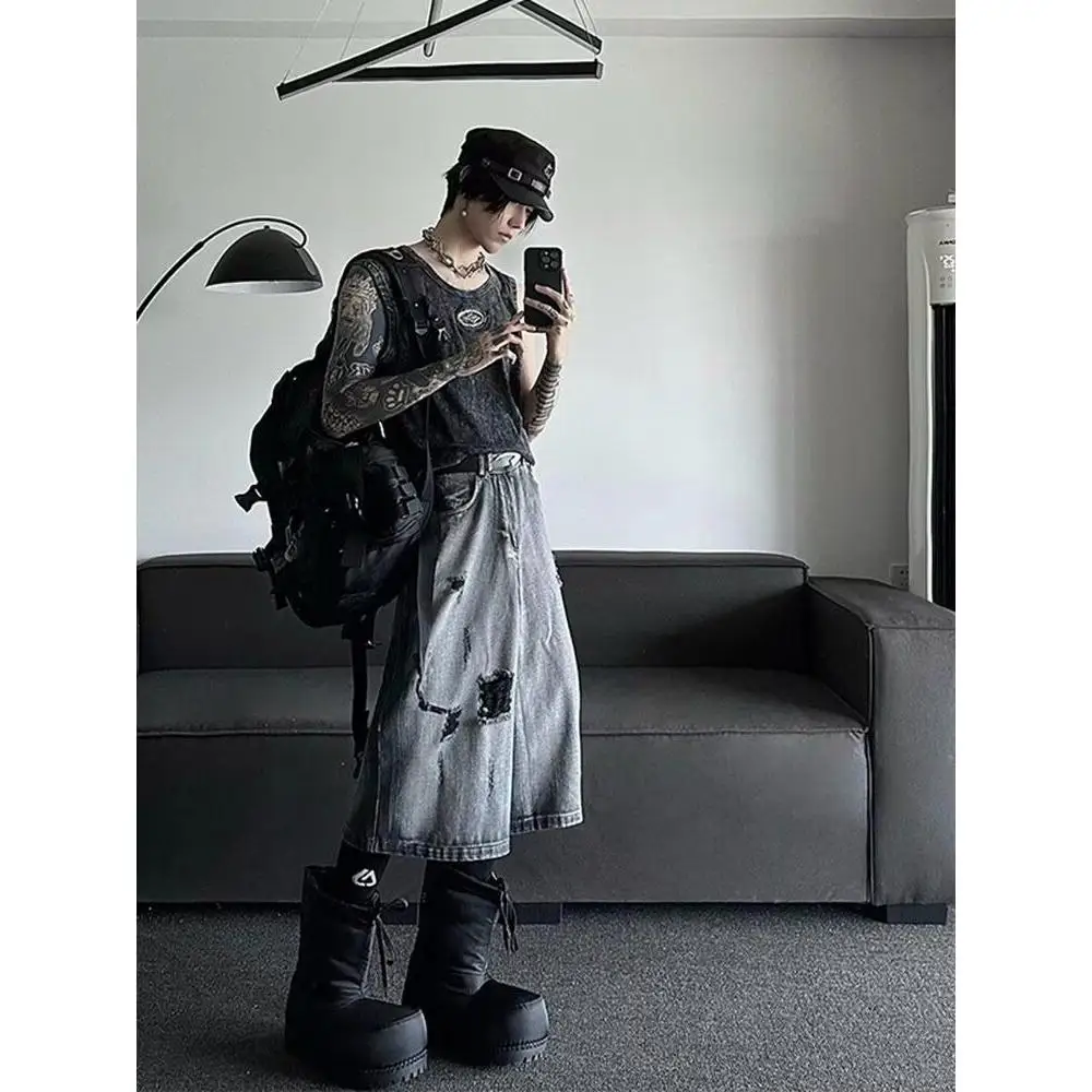 

American High Street Vibe Men's Gradient Ripped Denim Shorts Summer Loose Straight Leg Seven-Foot Pants Youth Fashion Brand