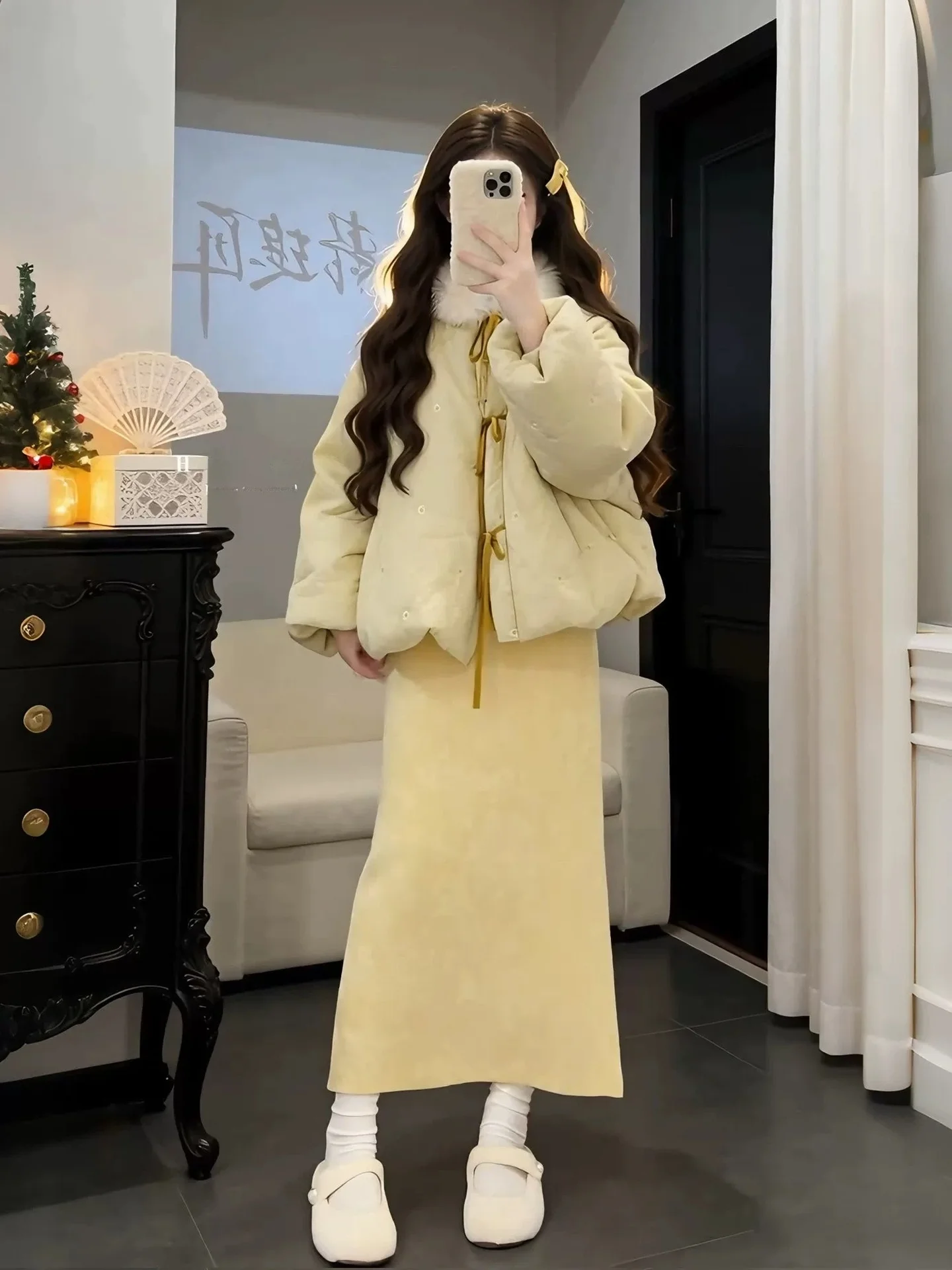 

Новогодний комплект: женское хлопковое платье-ципао больших размеров в китайском стиле, теплый модный повседневный наряд с завышенной талией, свободный крой