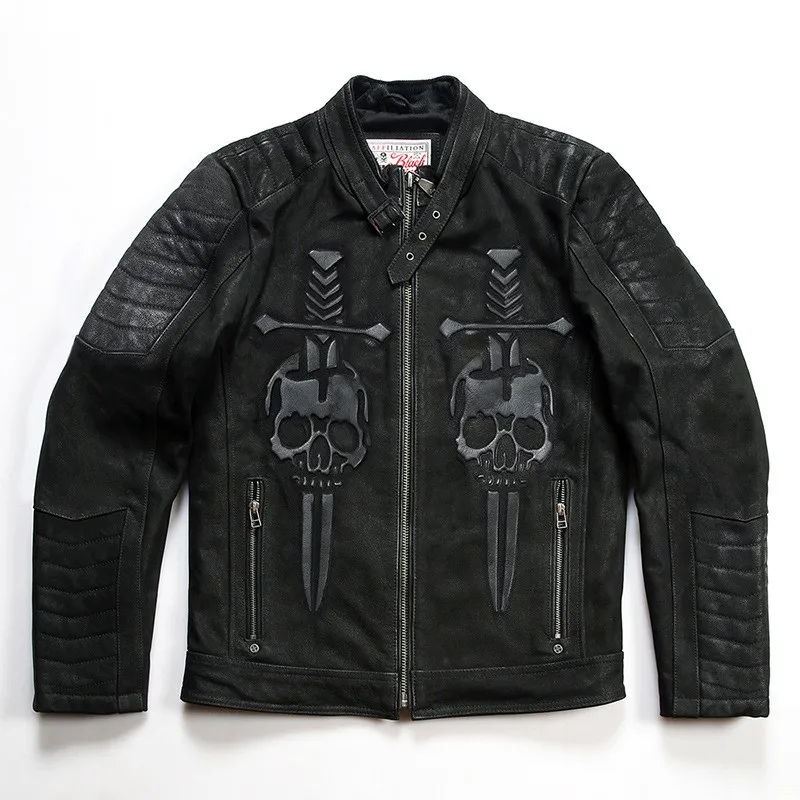 Motorcycle leather men's stand-up collar double swords skull seal layer matte cowhide