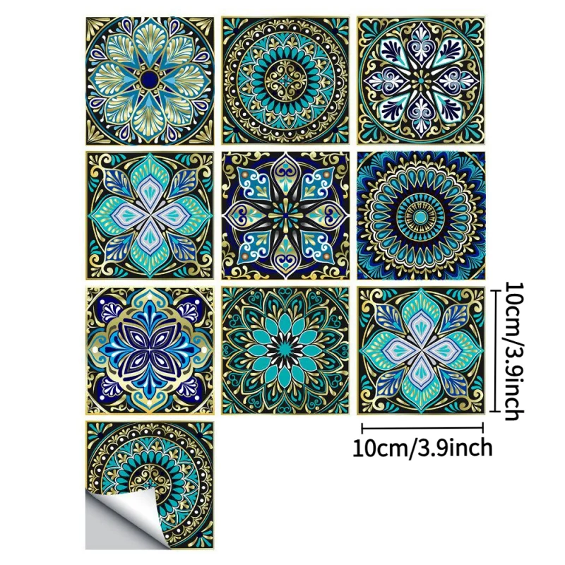 Adesivo de azulejo com padrão de mandala, adesivo de parede colorido fosco, decoração de casa para cozinha, sala de estar, banheiro, armário de mesa com 10 peças
