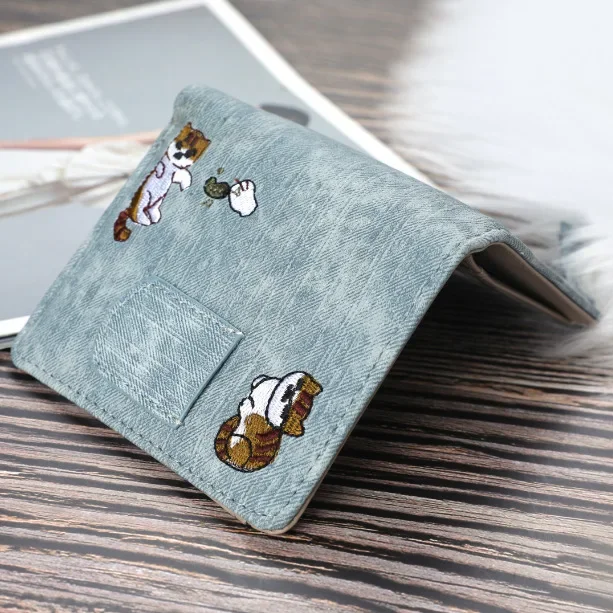 Jeans Style Women Short Wallets Cat Embroidered Canvas Clutch Large Capacity Buckle Fashion Coin Purse Women Handbags