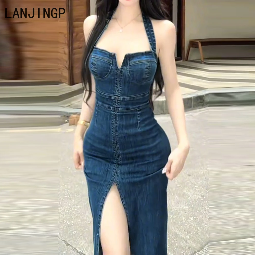 

American large-size design denim neck dress children's y2k millennial spice girl hip-wrapped split tube top dress