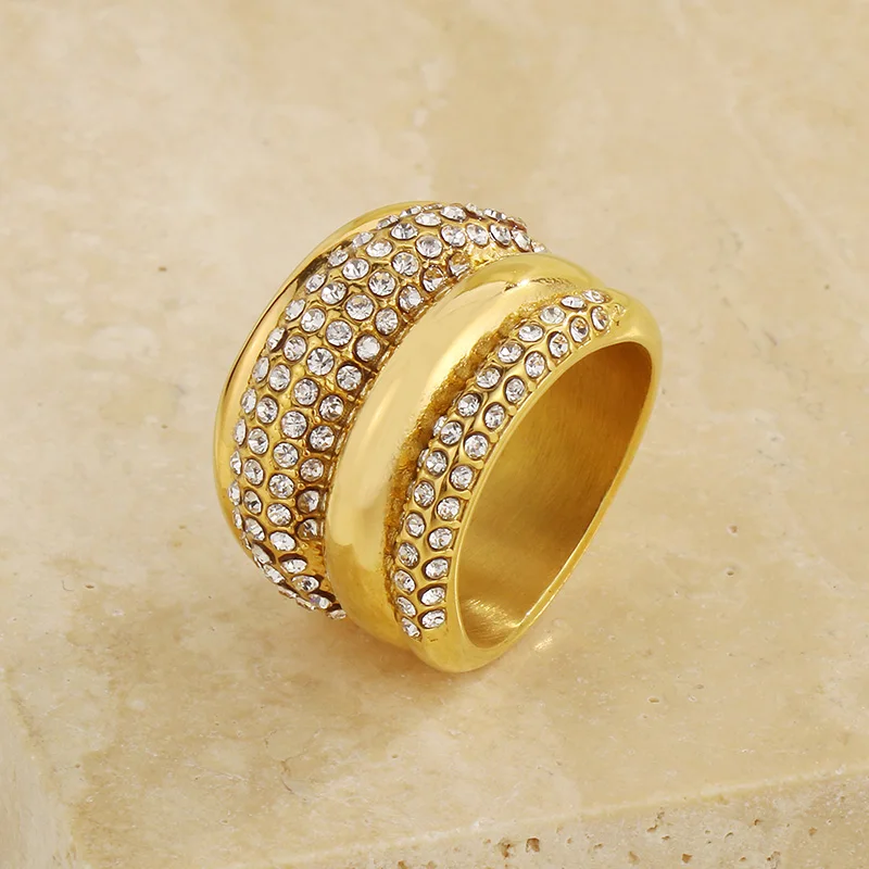 New Shiny Zircon Geometry Large Rings For Women Men Gold Color Stainless Steel Knuckle Aillons Mujer Fashion Luxury Jewelry Gift