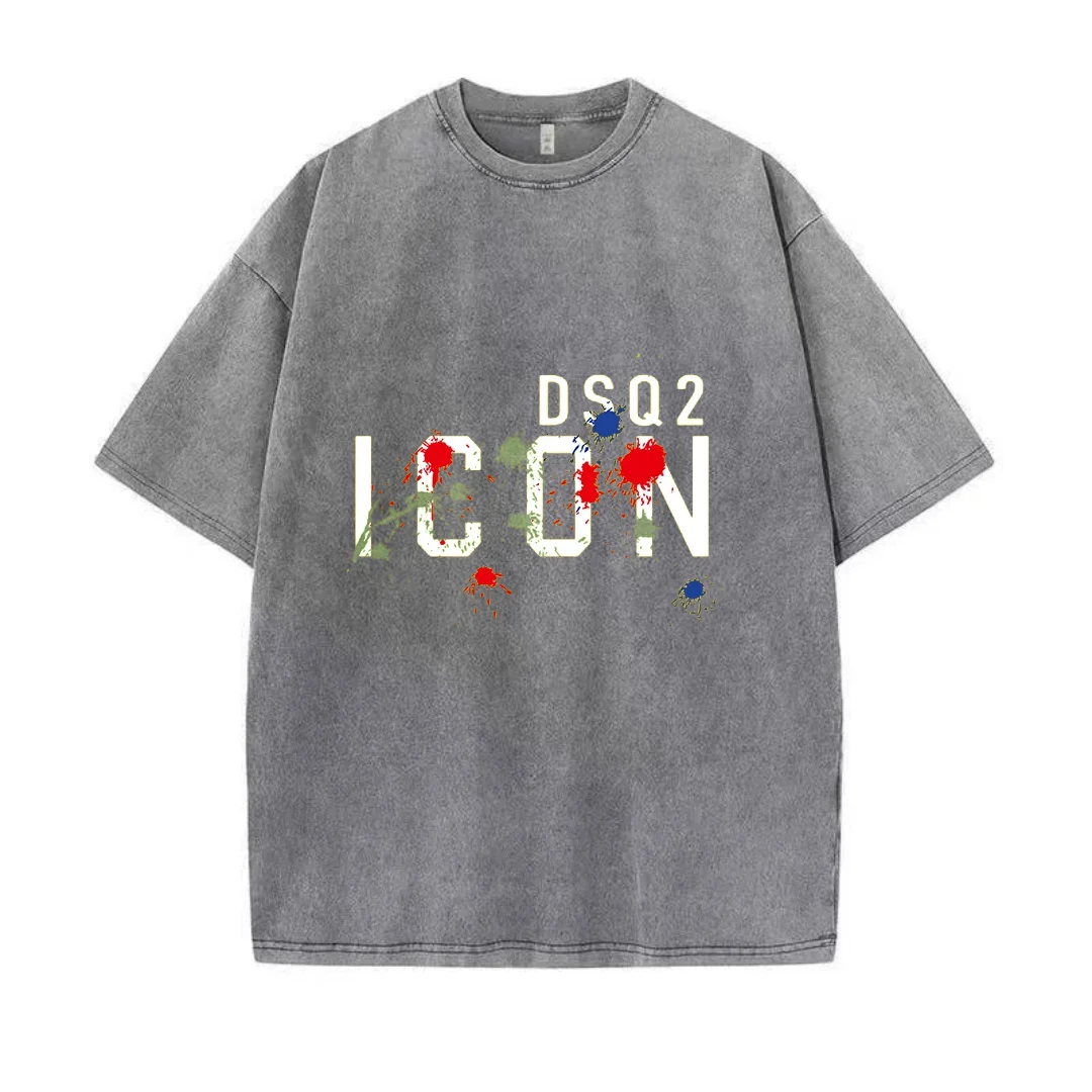 Dsq2 Washed Cotton T-Shirt 2024 Summer 100 Cotton Men\'s Clothing Maple Print t-Shirt Sport Oversized High Quality T Shirt