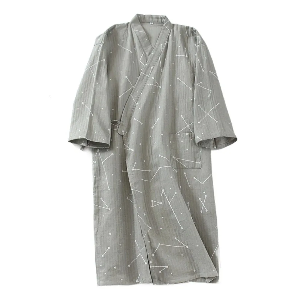 

Nightdress V-Neck Men's Kimono Bathrobe Loose Long Sleeve Kimono Pajamas Thin Print Men's Hooded Robe Bath Wear