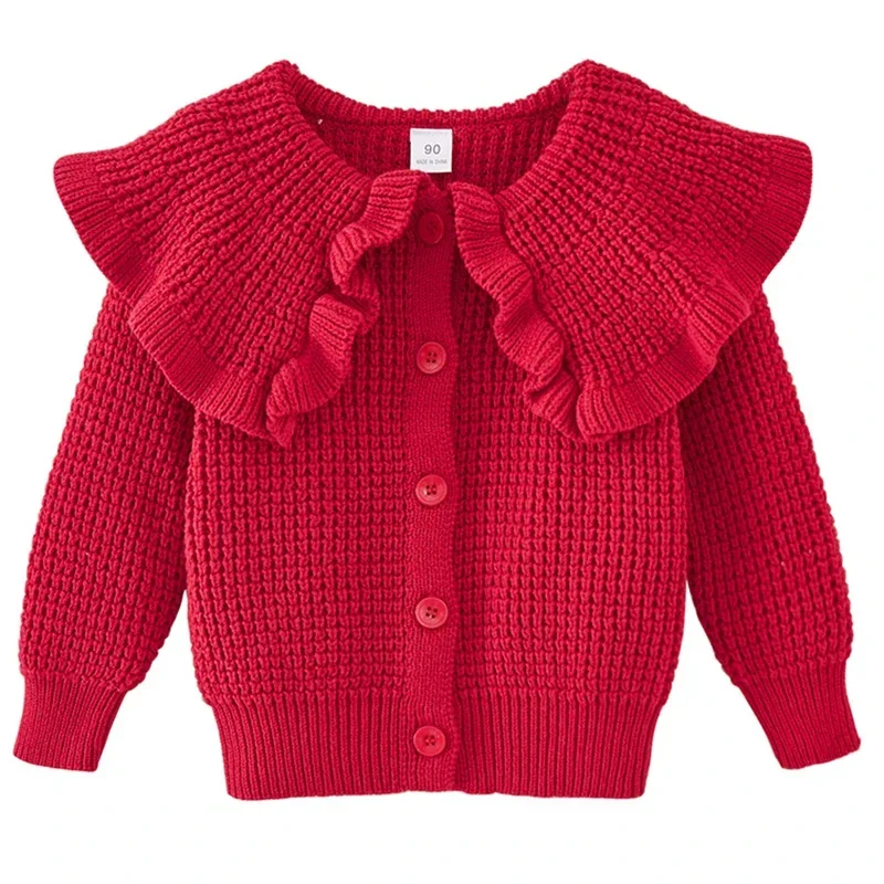 Toddler Baby Girl Knitted Cardigan Spring Autumn Solid Lotus Collar Sweater Coat Infant Pure Cotton Kids Clothes Girls Knitwear