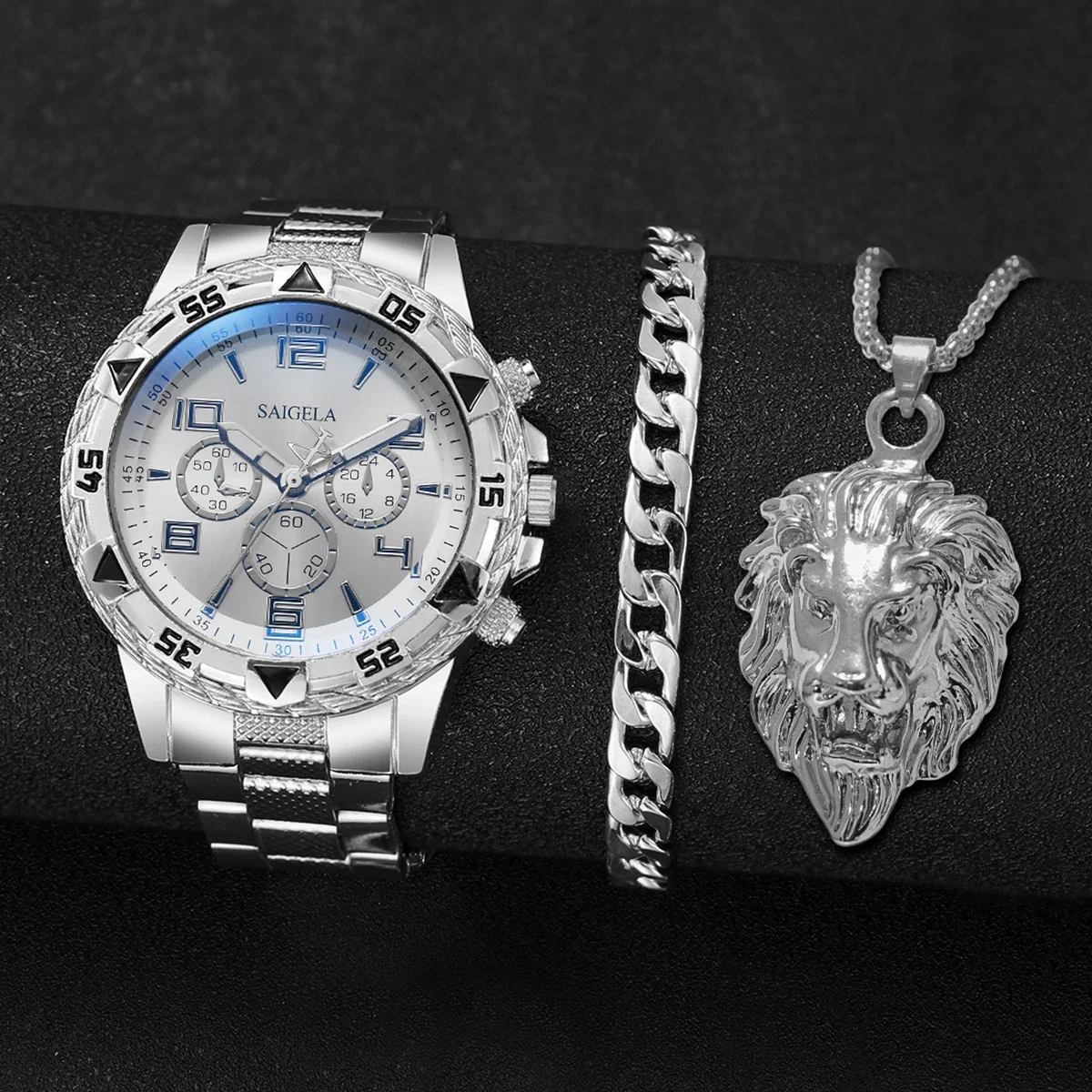 Pulseira de aço relógios para homens، Mostrador العربية، conjunto dejoias sem caixa، مودا، 3 قطع por conjunto #6