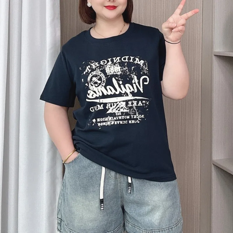 Plus Size Tees Dames 2024 Nieuwe Vintage Ronde Hals Bedrukt T-Shirt Met Korte Mouwen Zomer Losse Dunne Katoenen Tops