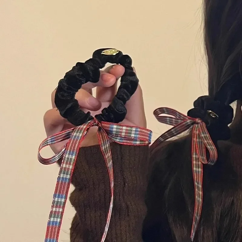 

Plaid Bow Scrunchies Elastic Hair Scarf Black Hair Ties Bands Satin Hair Ribbon Scrunchy Red Ponytail Holder for Women Girl