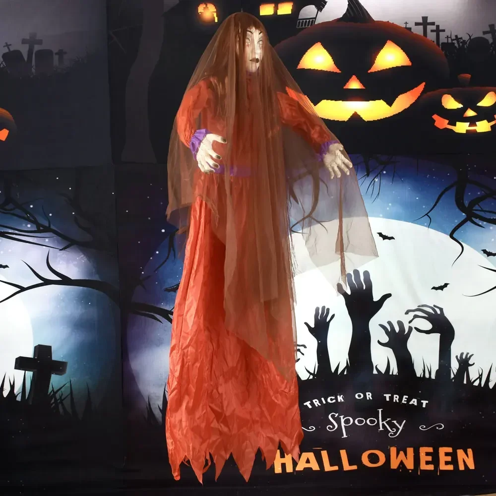 Scary Hanging Female Ghost Animated Halloween Decoration LED Lighted Zombie with Creepy Sound Haunted House Party Outdoor Decor