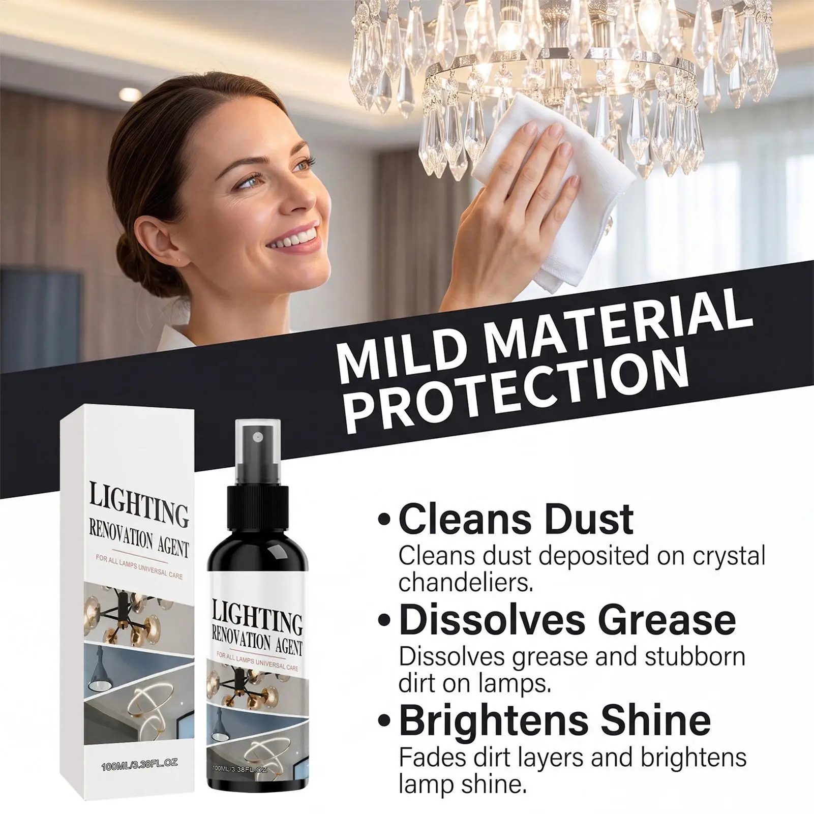 Chandelier Cleaner 100ml Glass Light Fixtures Streak Free Cleaning Spray Crystal Chandelier Dust Removal for Daily Maintenance
