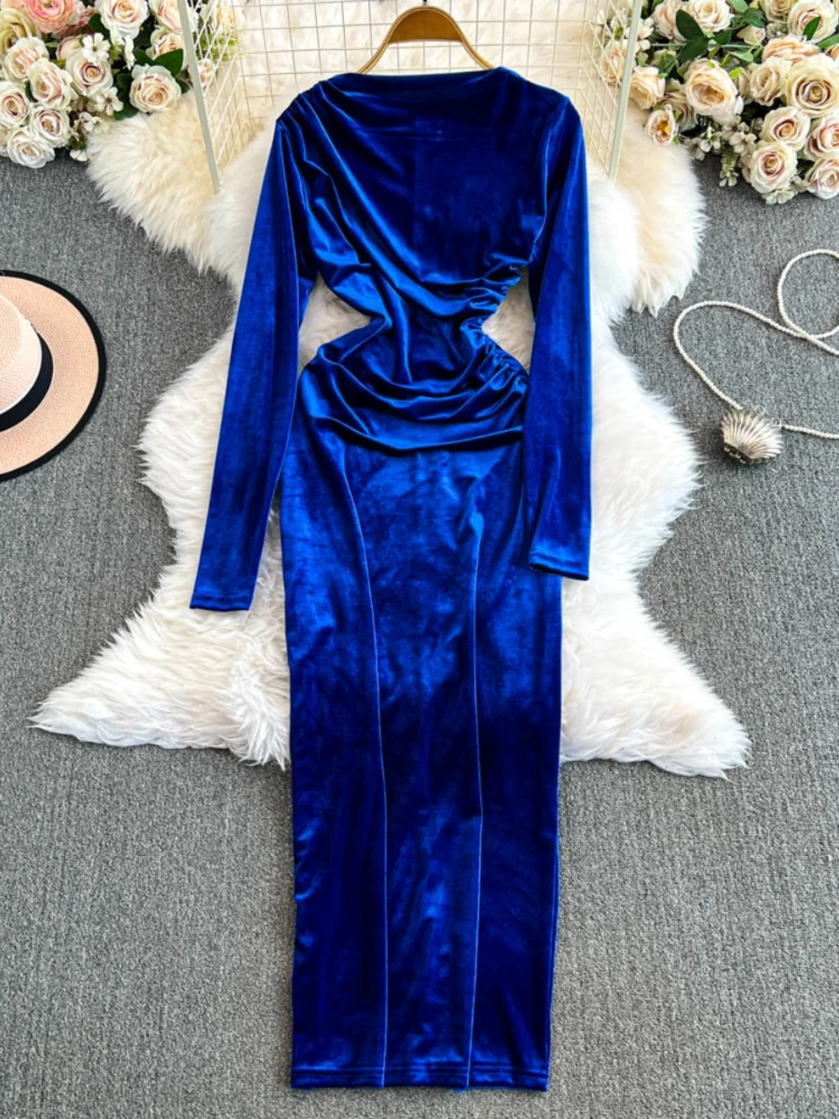 Faionable Sexy Lungo Sve Dimagrante Aderente Velluto Dr rotondo Ne Vita alta A-Line Midi Dr Coreano Sle Pendolarismo Dr