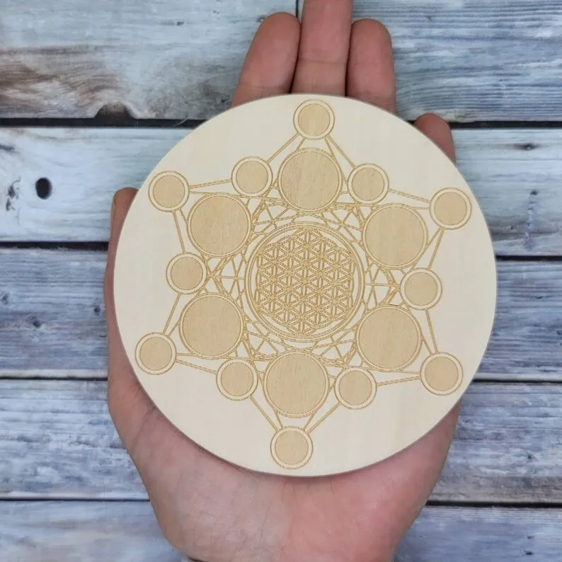 4inch Small Metatron Crystal Grid Wood Crystal Grid Disk Healing Crystal Board