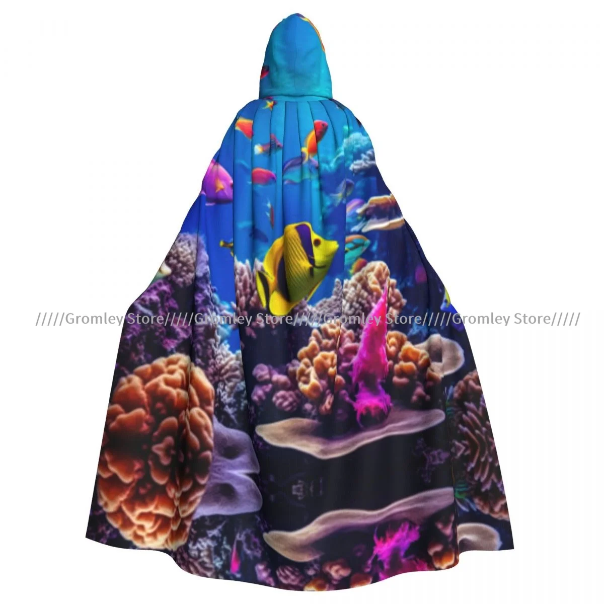 Tropical Fish And Coral Reef Underwater Witch Cloak Hooded Cosplay Costume Halloween Adult Long Party Cape