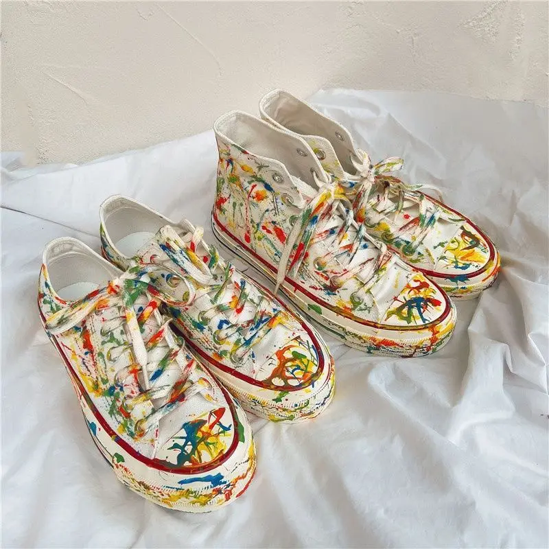 Women Korean Style Canvas Shoes Hand Painted Ink Splash White Sneakers Macaron Colors High Top Footwear