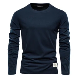 2024 Spring Summer Long Sleeve Men's T-shirts 100% Cotton Solid Color Casual Sport Male Classic Tops Quality T Shirt for Me