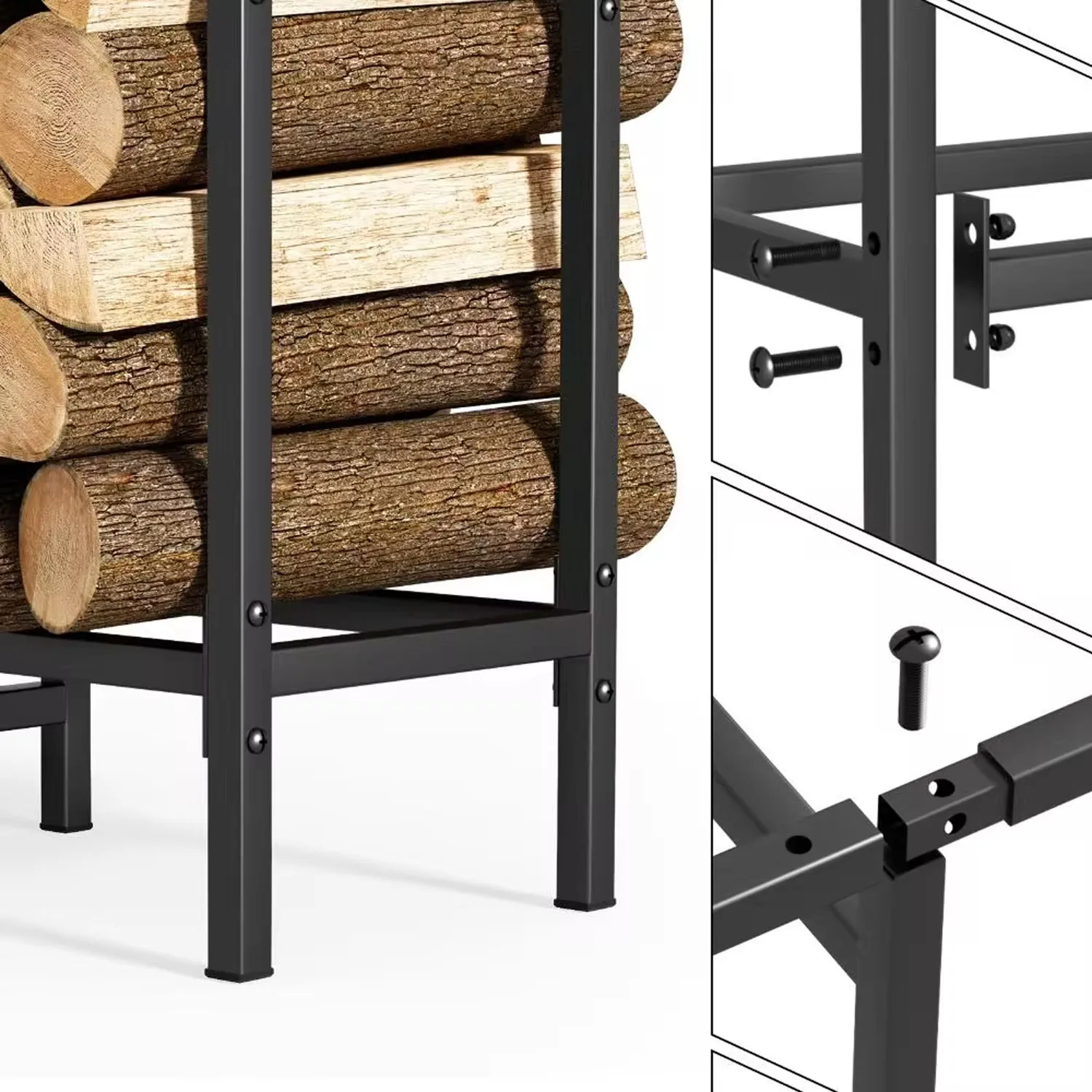 4ft Outdoor Indoor Firewood Rack Holder for Fireplace Wood Storage, Adjustable Stacker Stand, Heavy Duty Fire Logs Stand Stacker