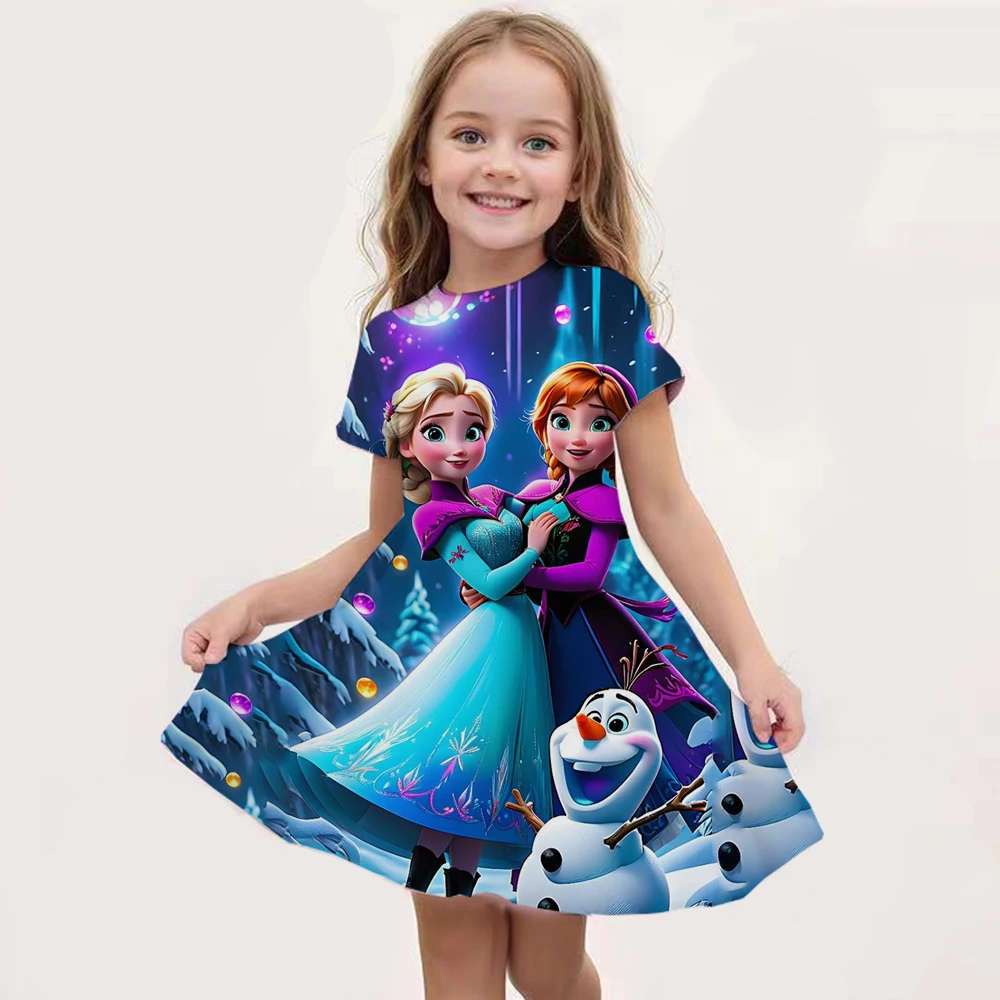 Cartoon Frozen Disneyland Trip Casual Dress for Little Girl Soft Princess Frock Kid Elsa Print Snow Queen A Line Odzież letnia