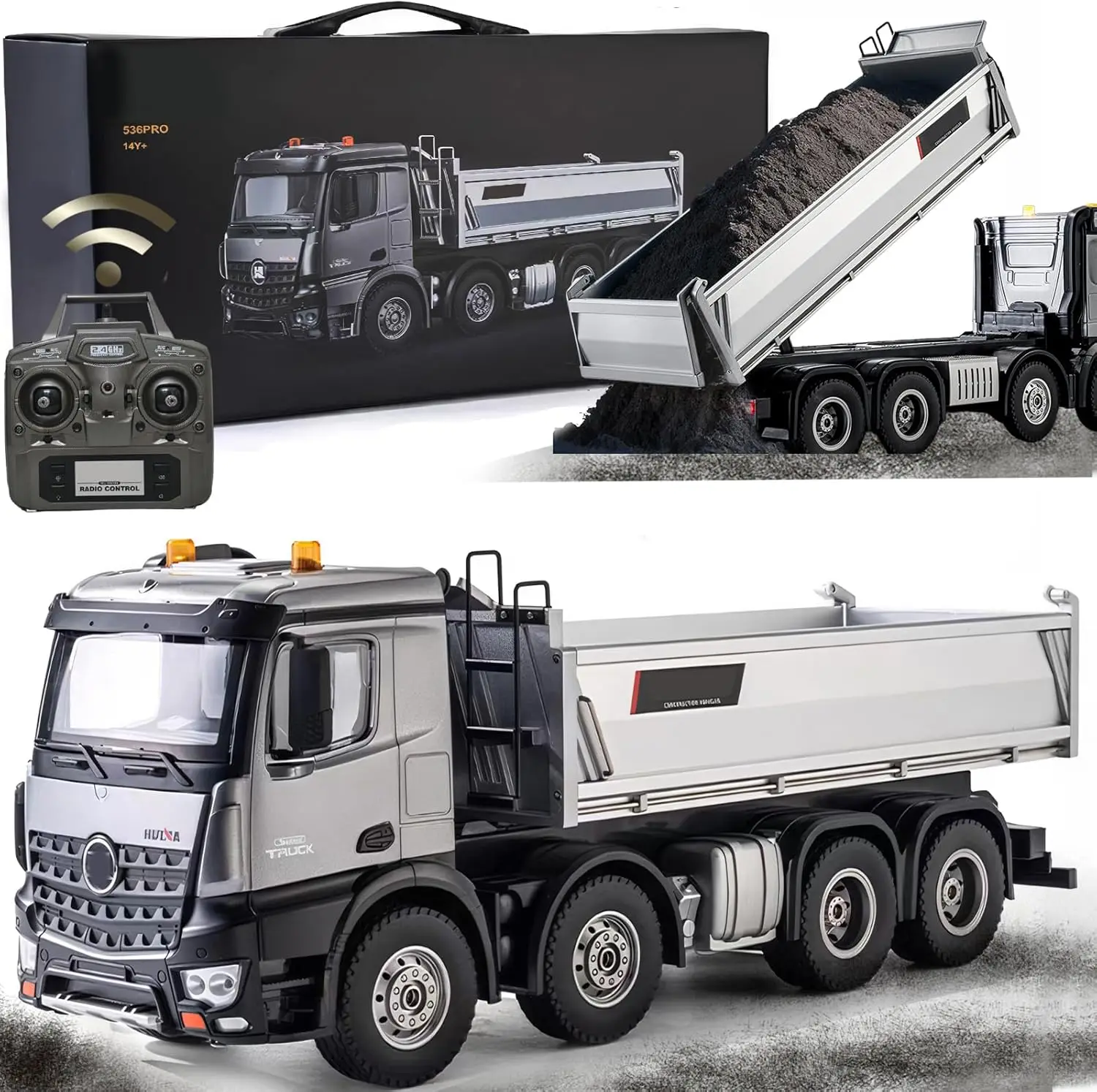 Upgraded 13-Channel 1/14 Scale RC Dump Truck, 21-Inch Alloy Heavy Duty Metal Construction Vehicle, 13 LBS Load Capacity, 8-Wheels, Remote Control Toy for Ages 14+
