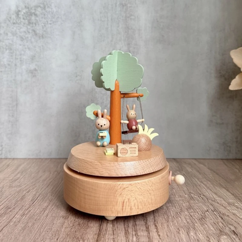 Rabbit Swinging on The Swing Micro DIY Rotating Hand Cranked Music Box Handmade Birthday Gifts Child Toys Home Handheld Gift