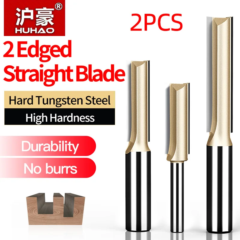 HUHAO 2PCS Straight Router Bits 2 Flute Plunge Milling Cutter 1/2 1/4 Shank Carbide Tipped Woodworking Trimming Slotting Tool