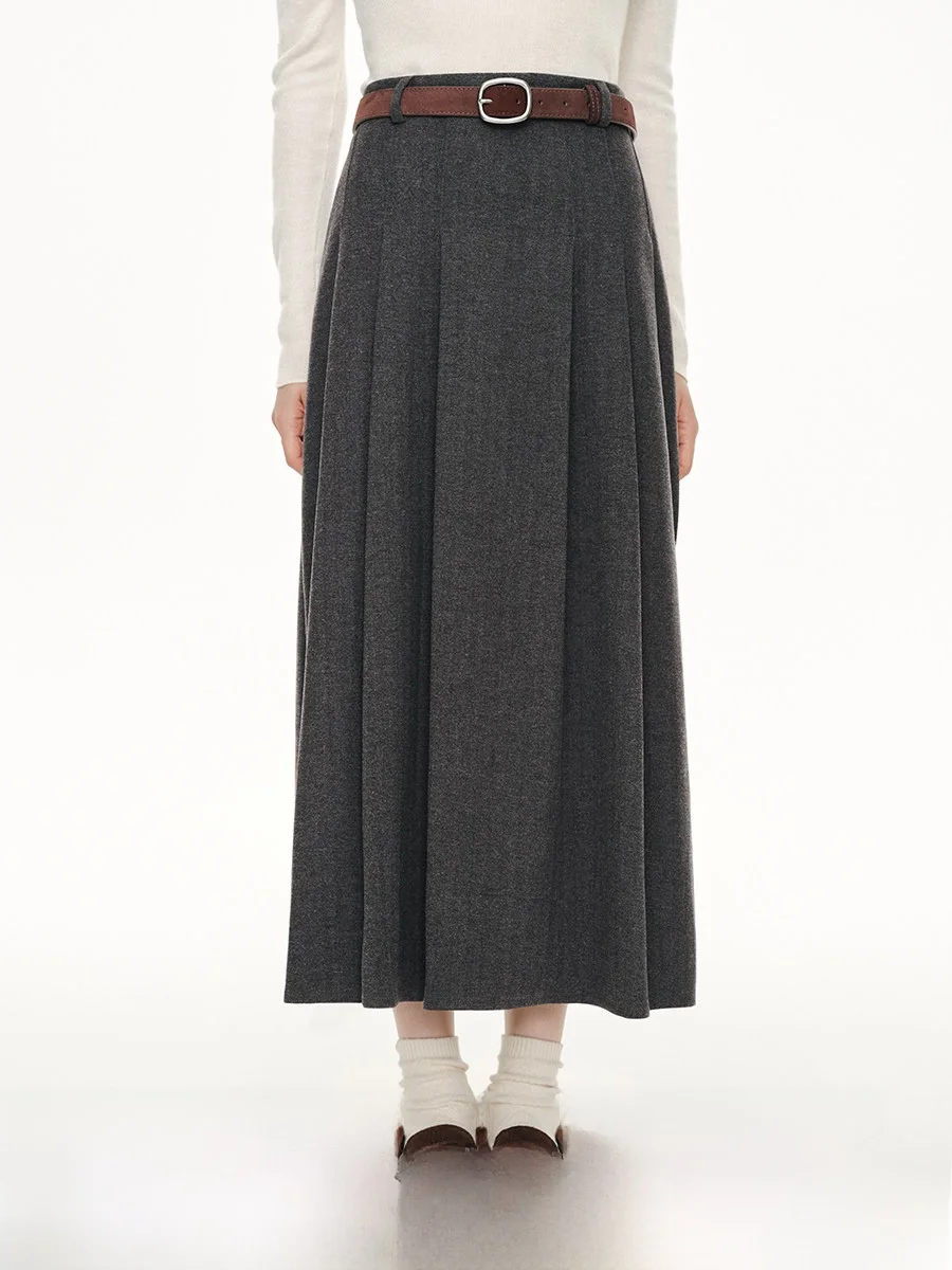 Long A-Line Woolen Skirt Gray Gingham Retro College Style High Waist Warm Polyester Cotton Blend Pleated Skirt for Women