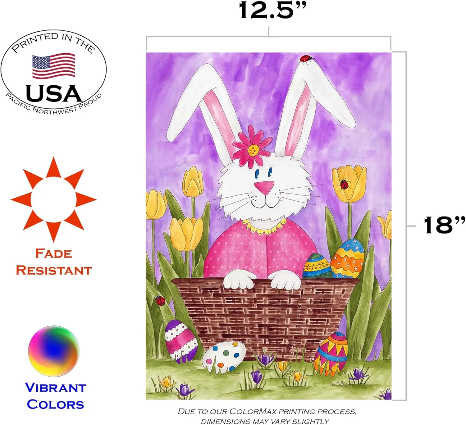 Toland Home Garden 1112307 Long Eared Bunny Easter Flag 12x18 Inch Double Sided Easter Garden Flag for Outdoor House Eggs Flag Y