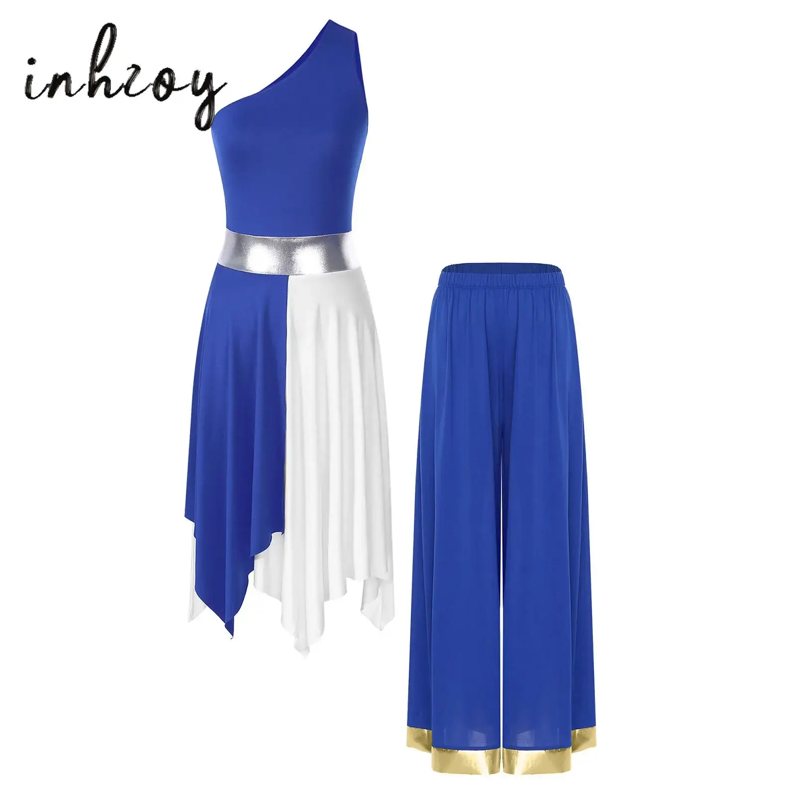 

Womens Modern Lyrical Dance Outfit Worship Praise Dance Costume One Sleeveless Contrast Color Irregular Hem Dress+Wide Leg Pants
