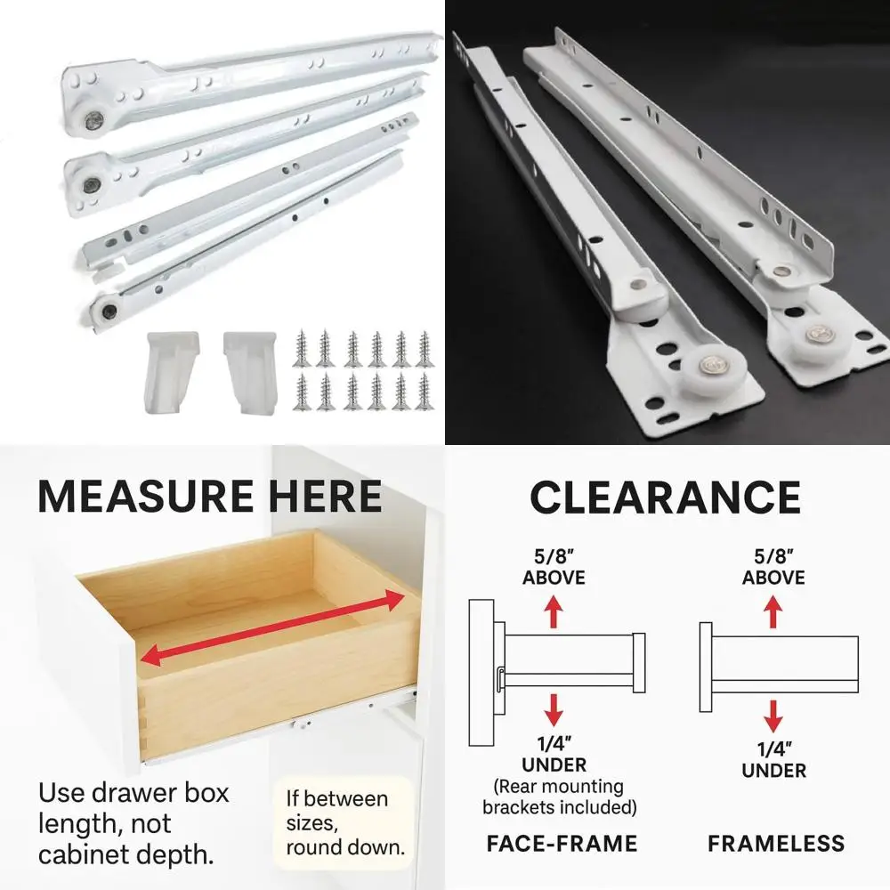 

Face-Frame and Frameless Cabinet Hardware: 20-Pack 16 Euro Slides with 75lbs Cold Rolled Steel Capacity, Powder Coated for Durab
