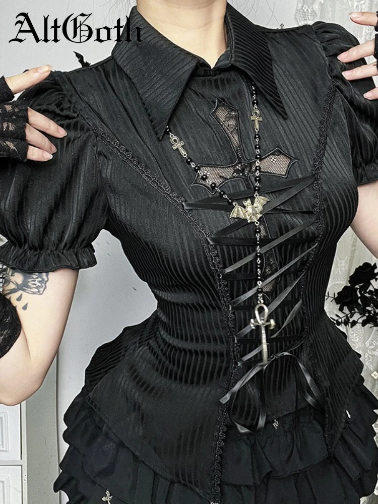 

AltGoth Gothic Dark Lolita Shirt Women Vintage Palace Style Y2k E-girl Grunge Cross Hollow Out Puff Sleeve Bandage Corset Blouse