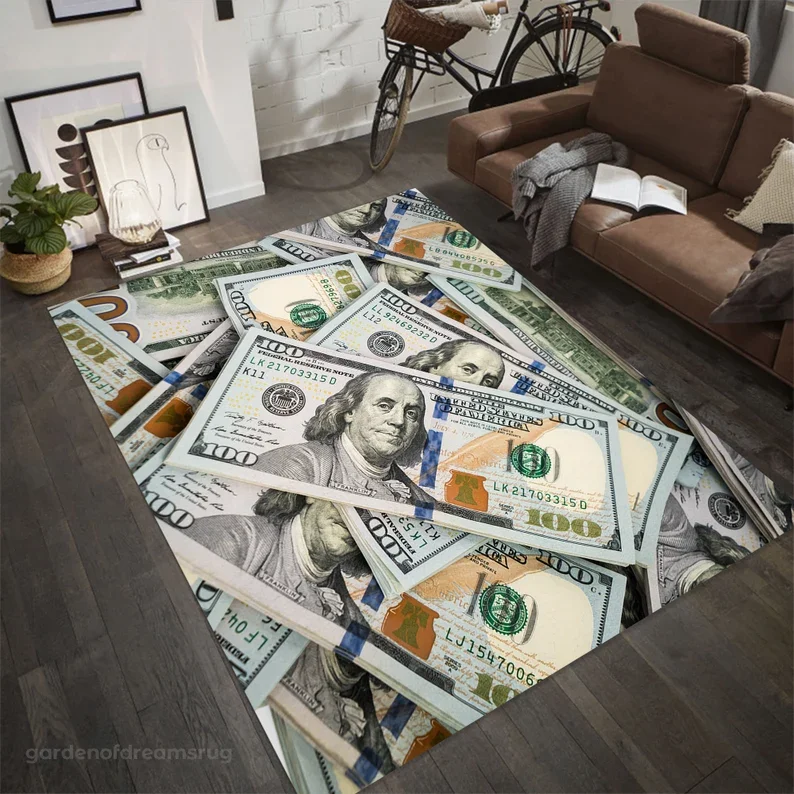 NEW 100 Dollar Bill Area Rug Non-Slip Polyester Money Rug Living Room and Bedroom Decoration Carpet