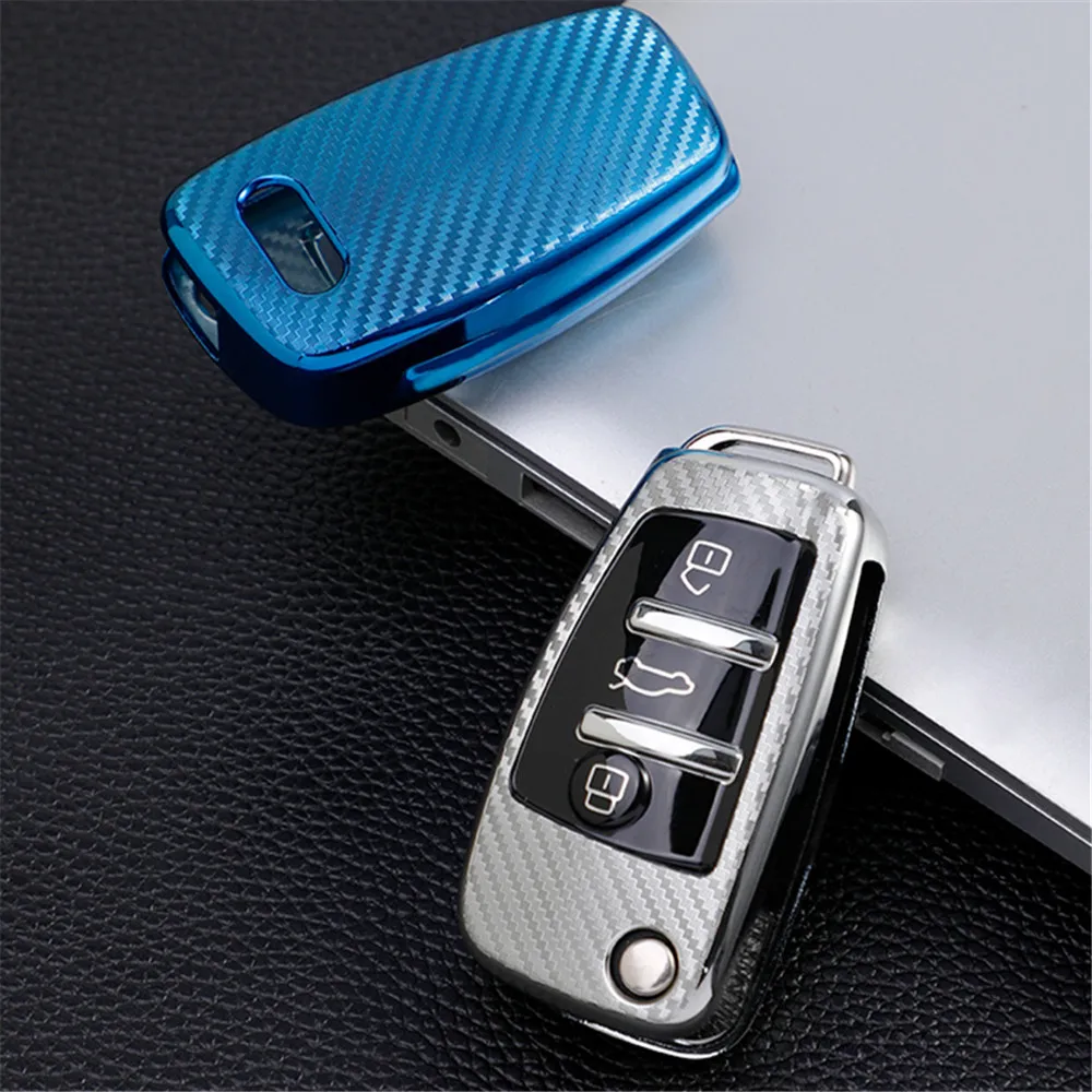 TPU Carbon Fiber Car Key Case Cover Shell for Audi A1 A3 8P A4 A5 A6 C7 A7 S3 S7 S8 R8 Q2 Q3 Q5 Q7 Q8 SQ5 TT RS3 RS6 Key Chain