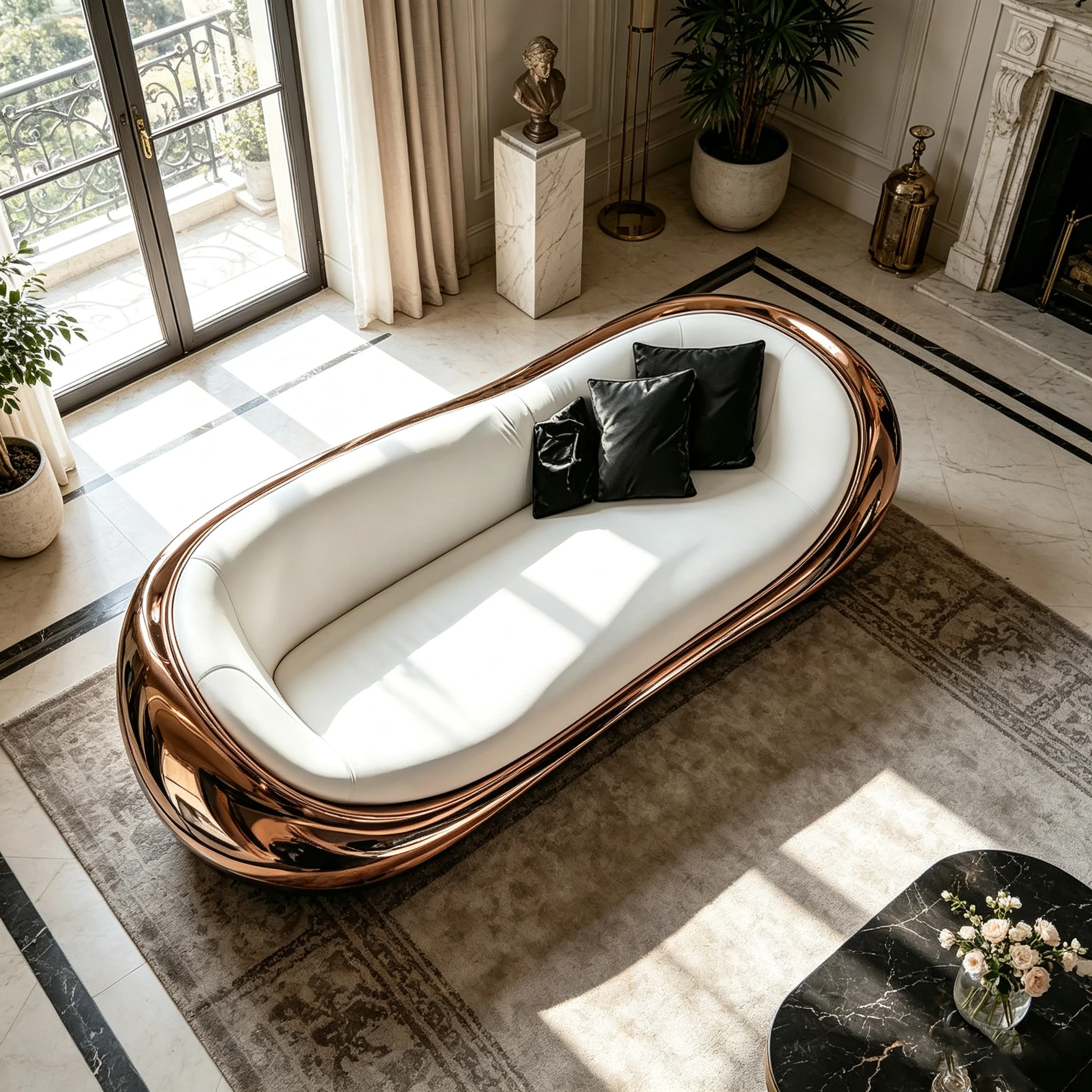 Z*-Rose Gold Mirrored Fiberglass Leisure Sofa Curved Shell White for Luxury Household Living Room^