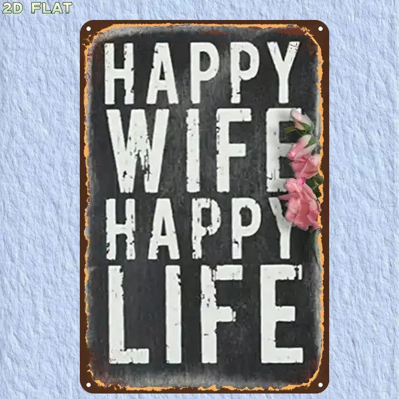2D Flat,1pc,Retro VintageHappy Wife Happy Life SignMetal Tin Sign, Pre-Drilled Holes, Suitable for Indoor, Garden,Outdoor, Toile