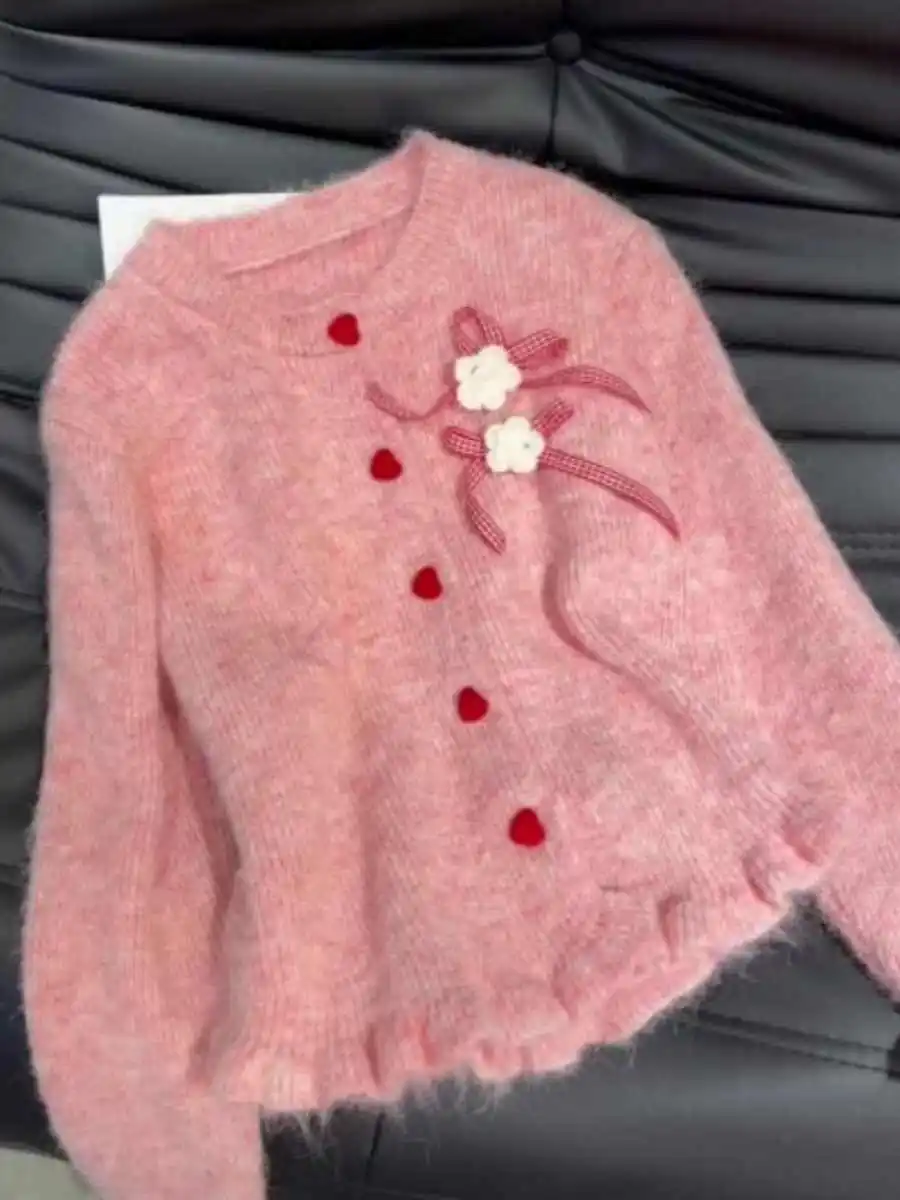 

Women's Pink O-Neck Bow Cardigan Sweater Harajuku Y2k Long Sleeves Oversize Cashmere Sweaters 90s Vintage 2000s Cutecore Clothes