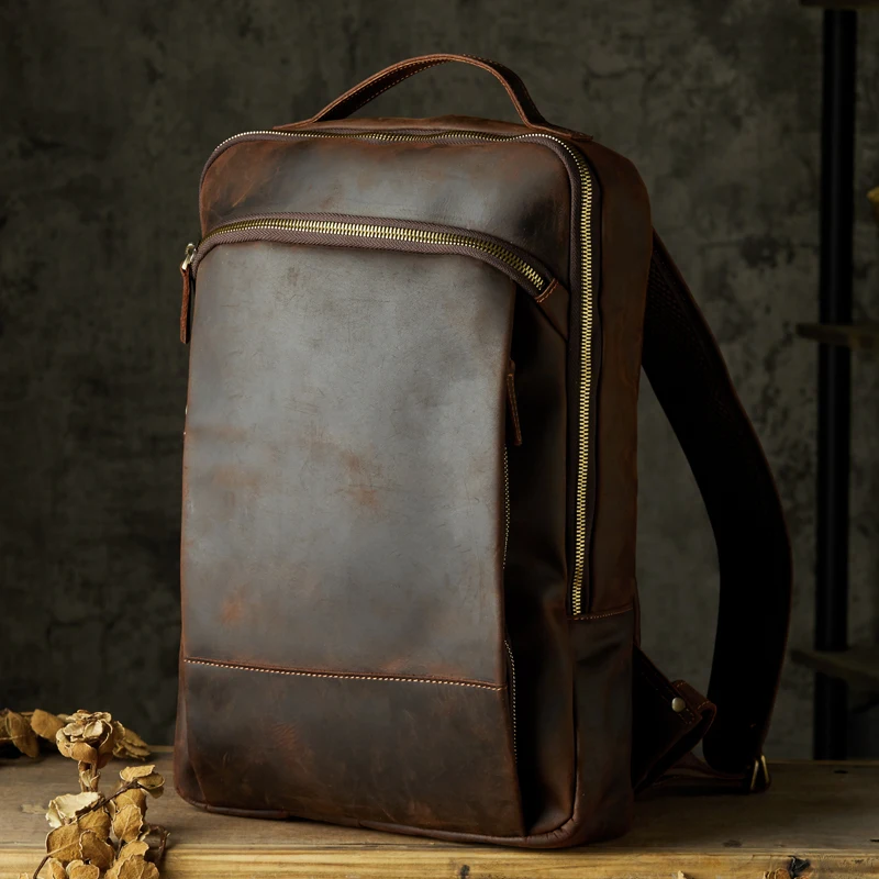 Fashionable Genuine Leather Backpack Vintage Crazy Horse Leather Shoulder Bag Cowhide Large Capacity Casual Hiking Bag For Men