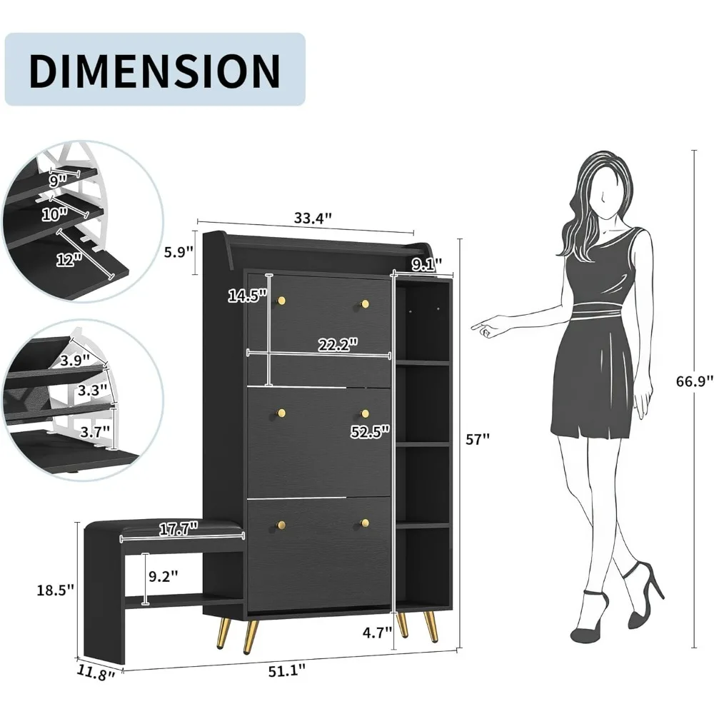 Shoe Cabinet with 9 Flip Drawers,Shoe Storage Cabinet with  Bench,Hidden Slim Shoes Organizer Cabinet with Open Adjustable Shelf